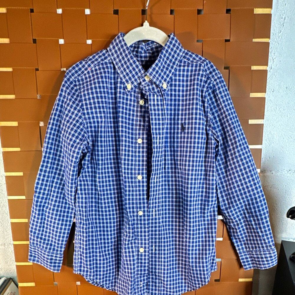 Ralph Lauren Boys Blue/White Plaid Dress Shirt Long Sleeve Size 6 Logo